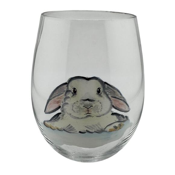 Pier 1 Vintage Stemless Bunny Wine Glasses Hand Painted Details Set of 4 - Picture 3 of 6